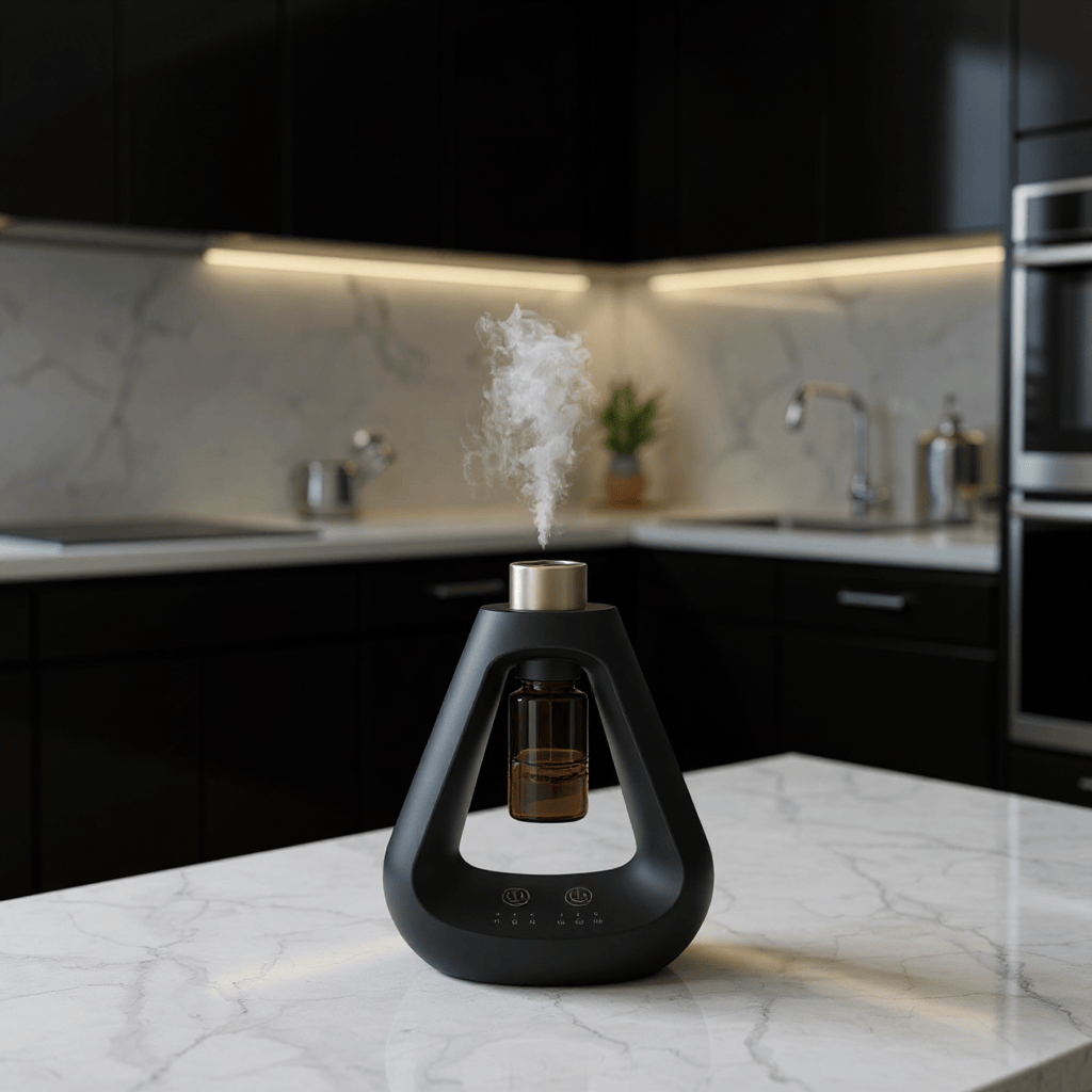 Candyl Delta black waterless diffuser emitting mist on white marble countertop