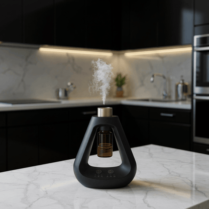 Candyl Delta black waterless diffuser emitting mist on white marble countertop
