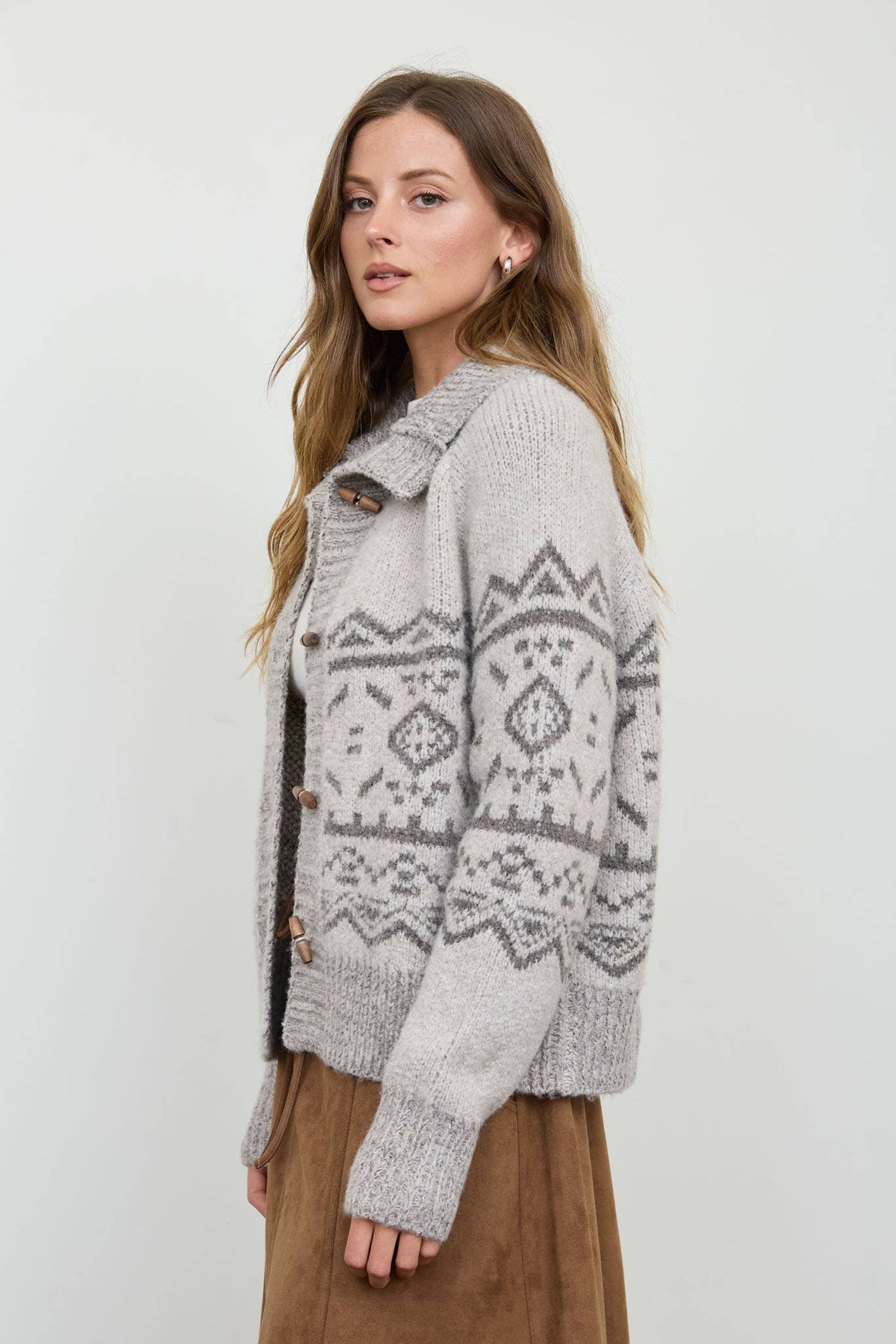 Mock Neck Toggle Button Knit Cardigan
