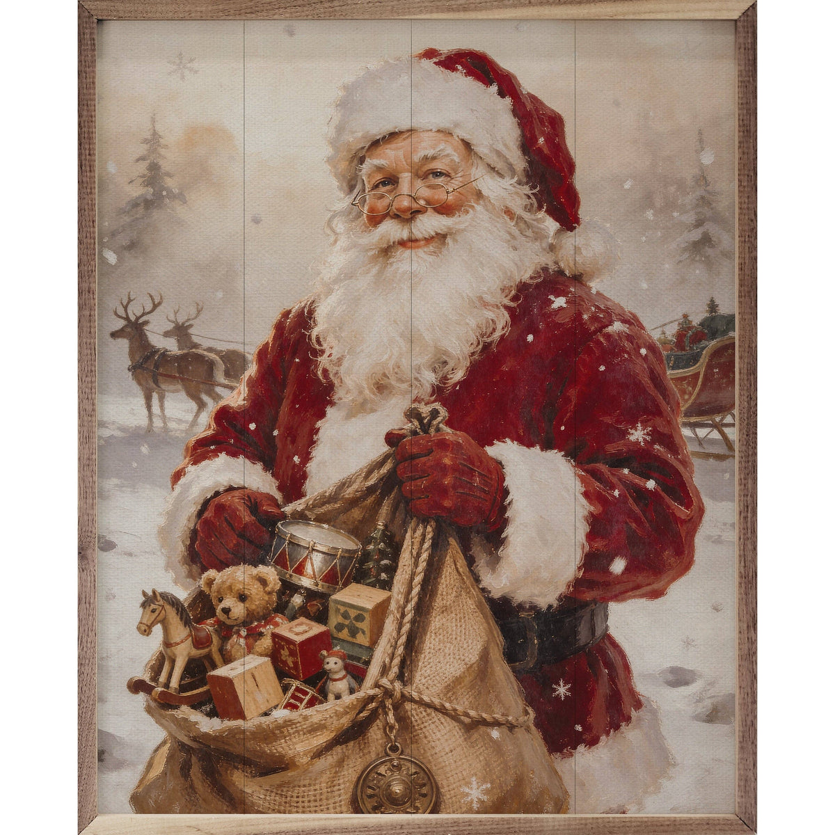 Framed vintage-style Santa Claus wall art with toy sack, reindeer, and sleigh in snow