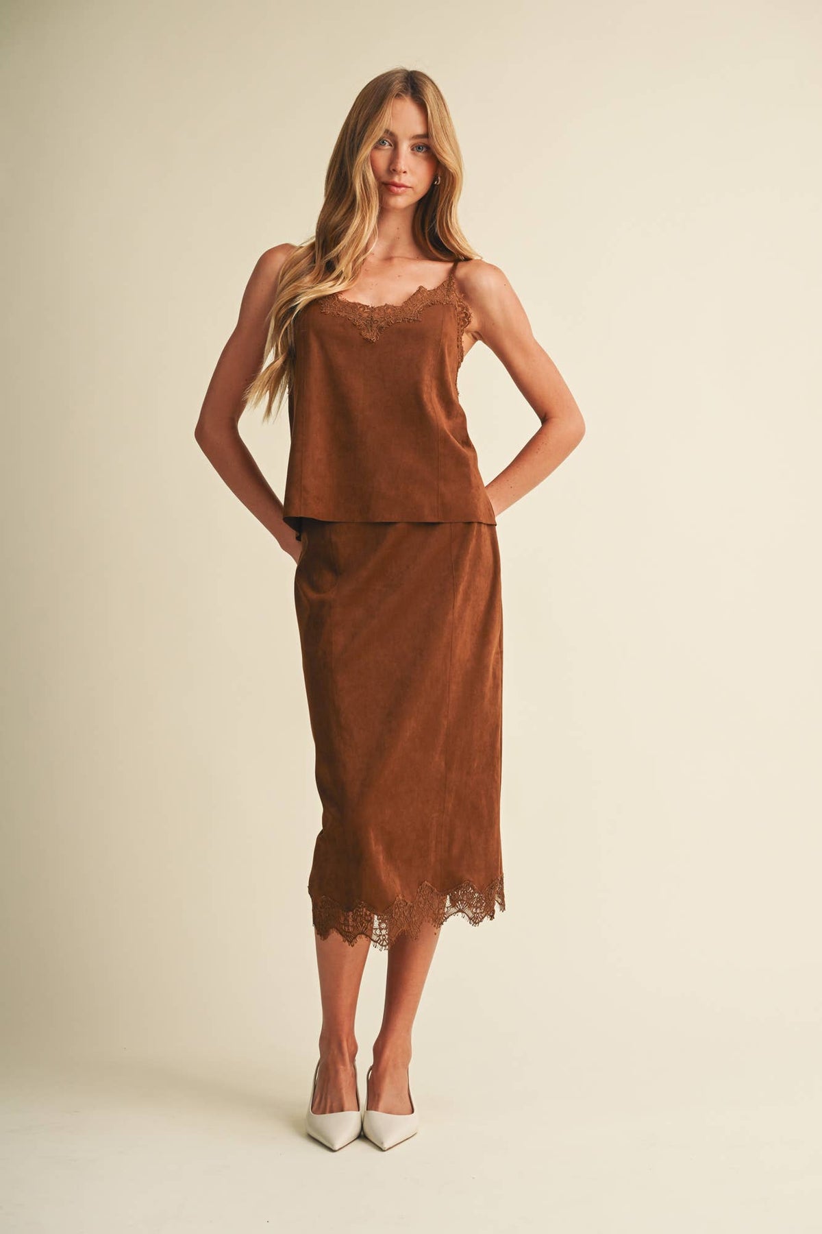 Scallop-Trim Microsuede Midi Skirt