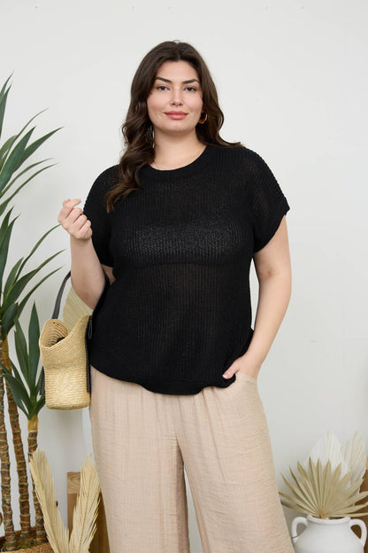 PLUS SHEER KNIT CREW NECK BATWING SWEATER TOP