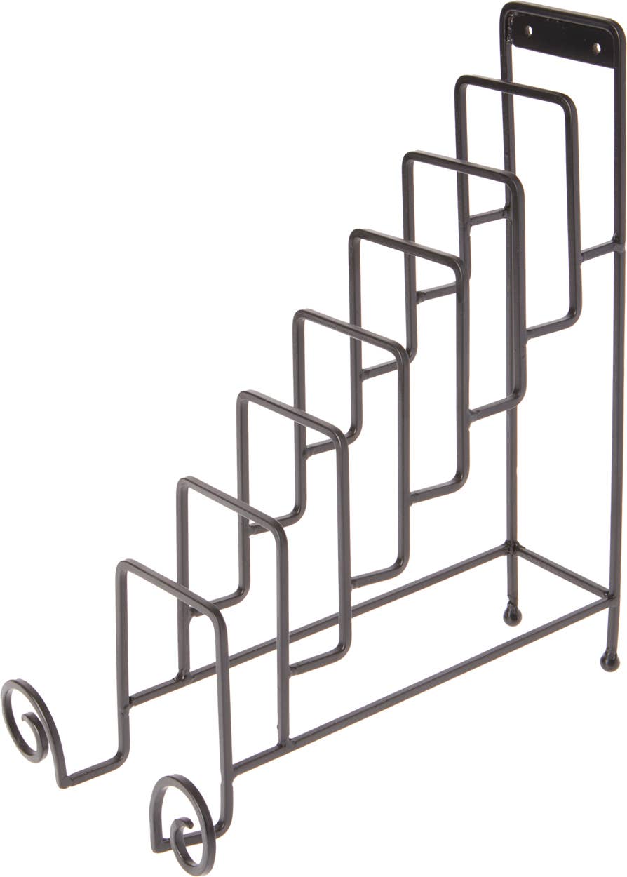 Bard's black wrought iron tiered plate rack stand with decorative scroll feet