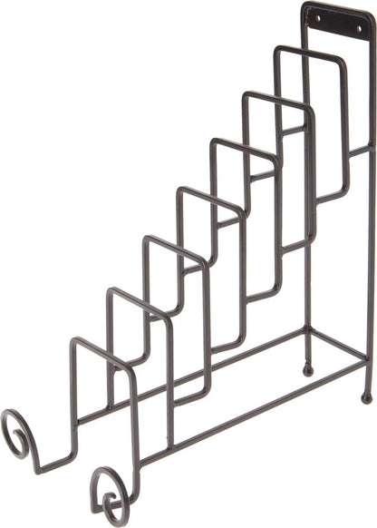 Bard's black wrought iron tiered plate rack stand with decorative scroll feet