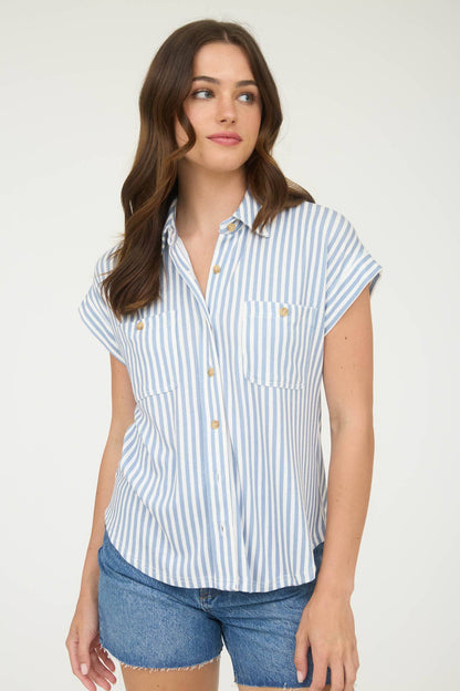 Blu Pepper blue white stripe collared short sleeve button down shirt with chest pockets