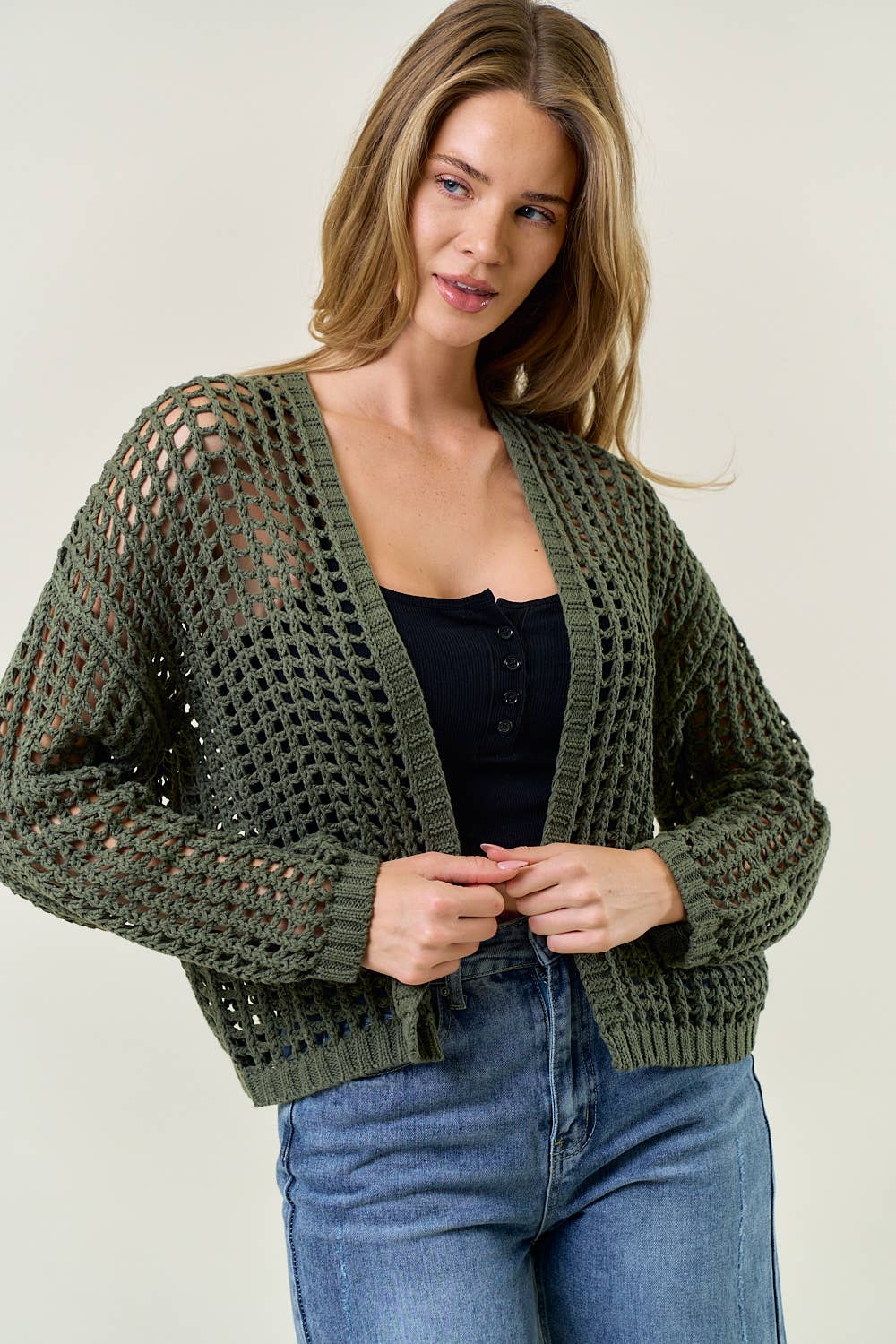 CROCHET FISHNET CROPPED OPEN CARDIGAN