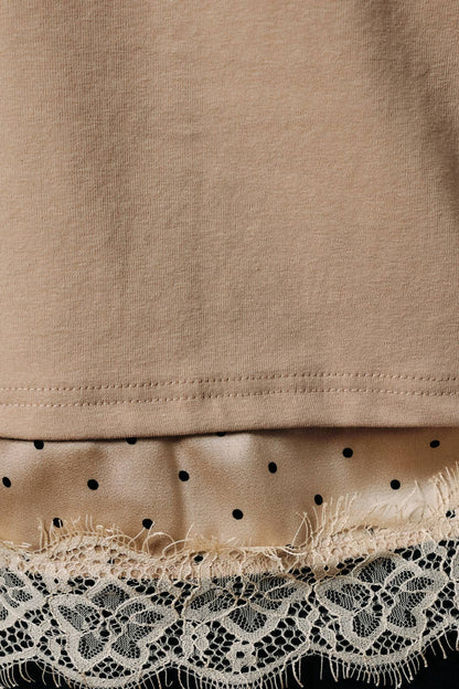 Cropped Boxy Tee with Contrast Polka Dot Lace Trim