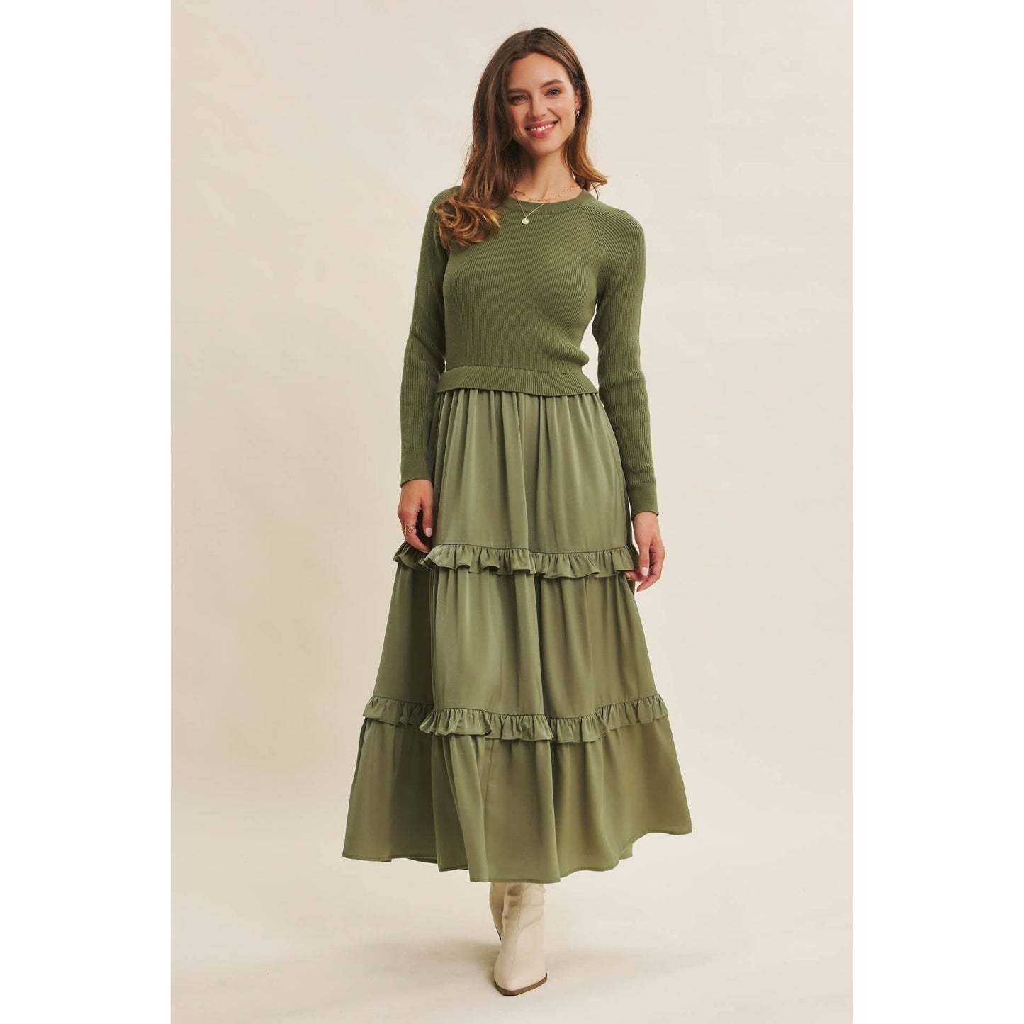 COMFORTABLE SWEATER AND SATIN TWOFER MAXI DRESS