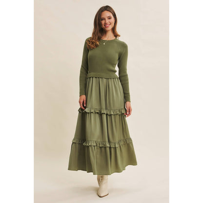 COMFORTABLE SWEATER AND SATIN TWOFER MAXI DRESS