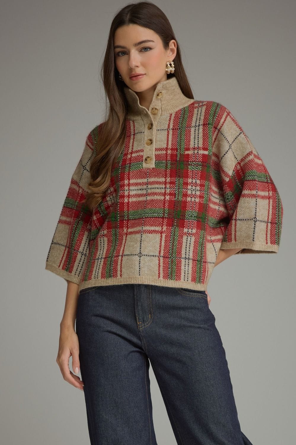 Plaid ¾ Sweater Top with Stand Collar