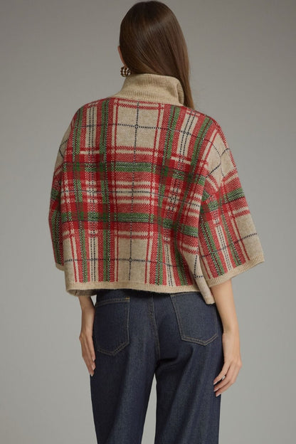 Plaid ¾ Sweater Top with Stand Collar