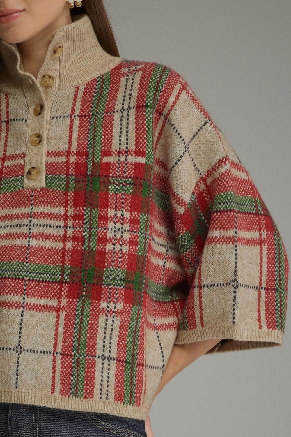 Plaid ¾ Sweater Top with Stand Collar