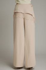 Entro wide-leg beige pants with layered waistband overlay and lace trim details