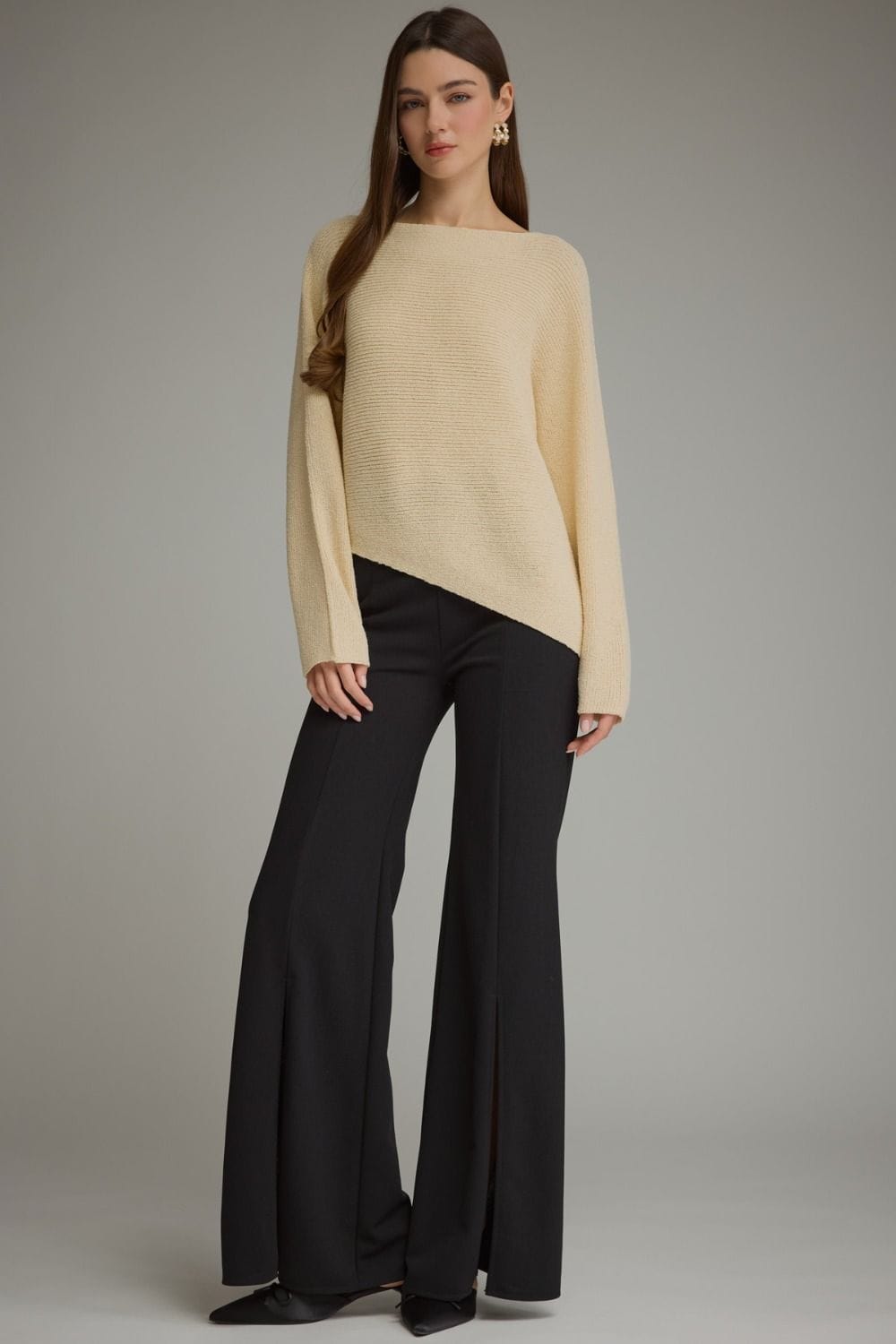 Butter yellow asymmetrical hem boat neck long sleeve knit sweater top