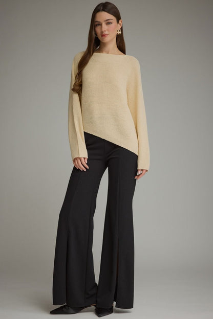 Butter yellow asymmetrical hem boat neck long sleeve knit sweater top