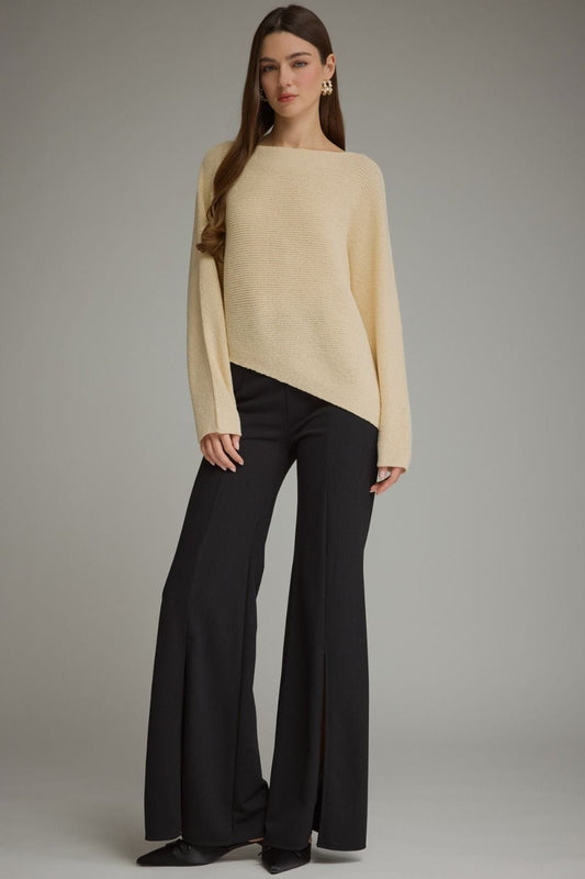 Butter yellow asymmetrical hem boat neck long sleeve knit sweater top
