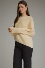 Entro cream long sleeve knit sweater top with relaxed fit and ribbed collar