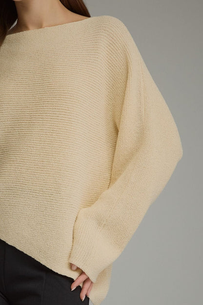 Entro cream ribbed knit long sleeve top with boat neck and relaxed fit