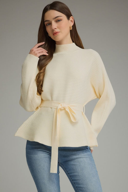 Long sleeve Ribbed Sweater with Mock Neckline and Waist Tie
