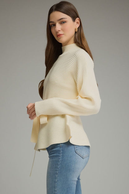 Long sleeve Ribbed Sweater with Mock Neckline and Waist Tie