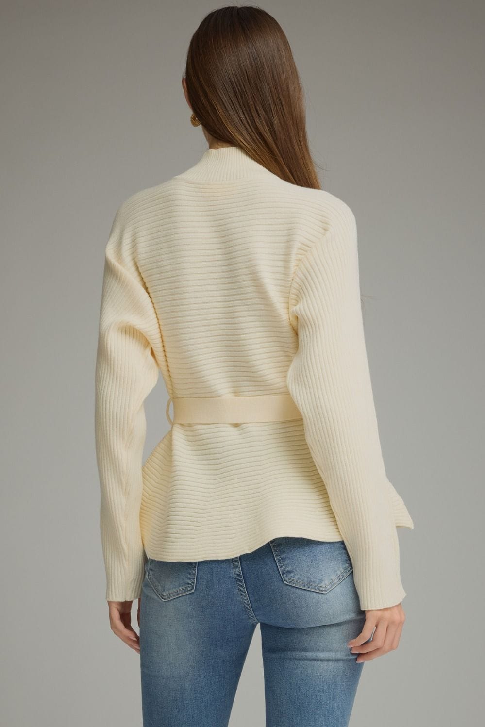 Long sleeve Ribbed Sweater with Mock Neckline and Waist Tie