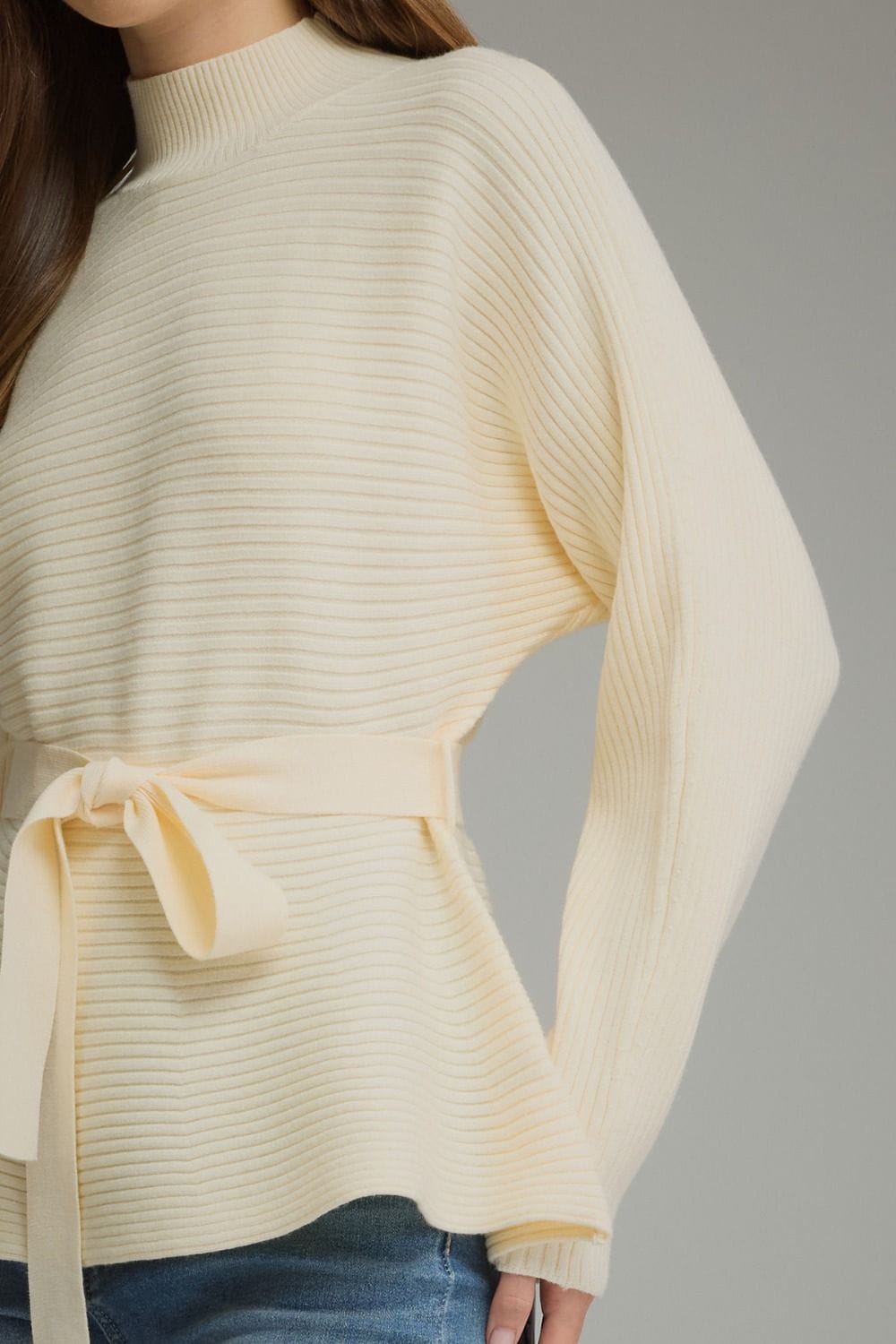 Long sleeve Ribbed Sweater with Mock Neckline and Waist Tie
