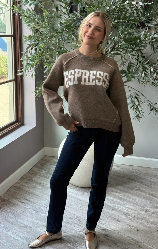 Mocha brown knit pullover sweater with white Espresso graphic text on chest