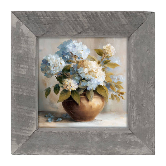 Copper Vase with Blue and White Hydrangeas