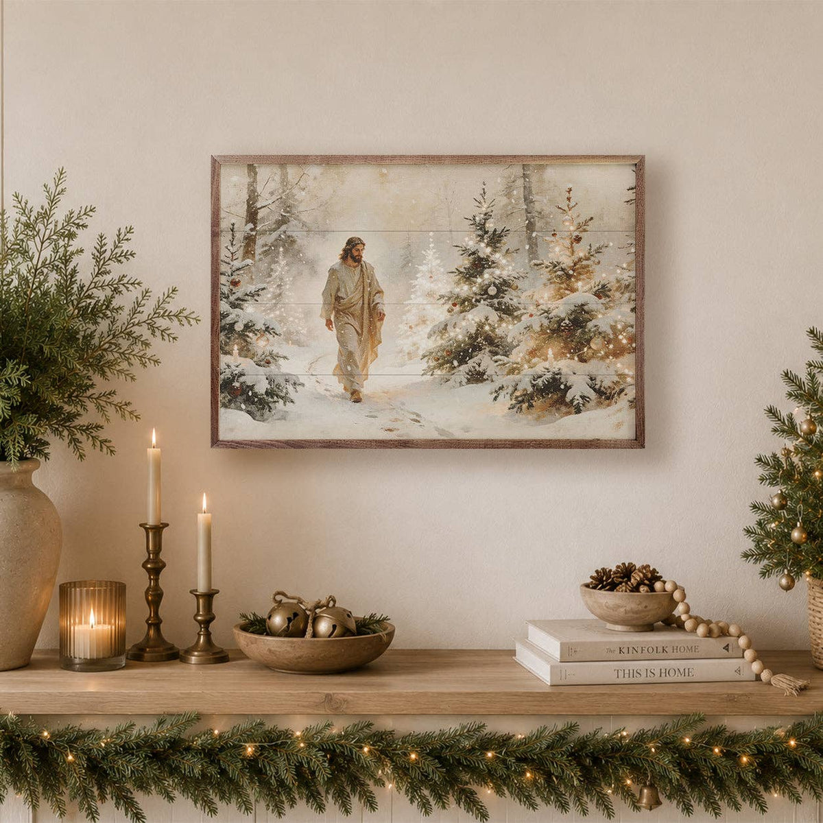 Framed wood panel art of Jesus walking through a snowy Christmas tree forest