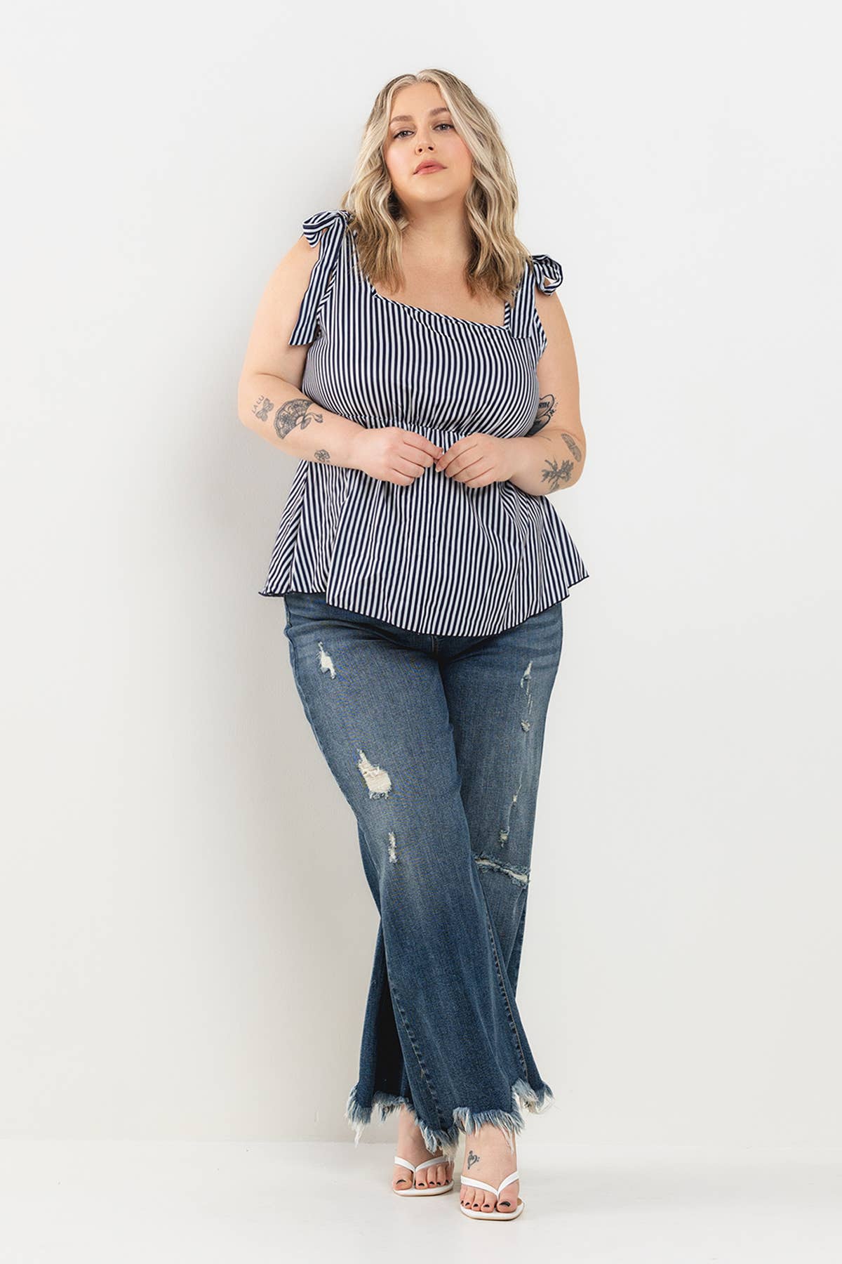 High Rise Distressed Cropped Wide Leg Jeans - Plus
