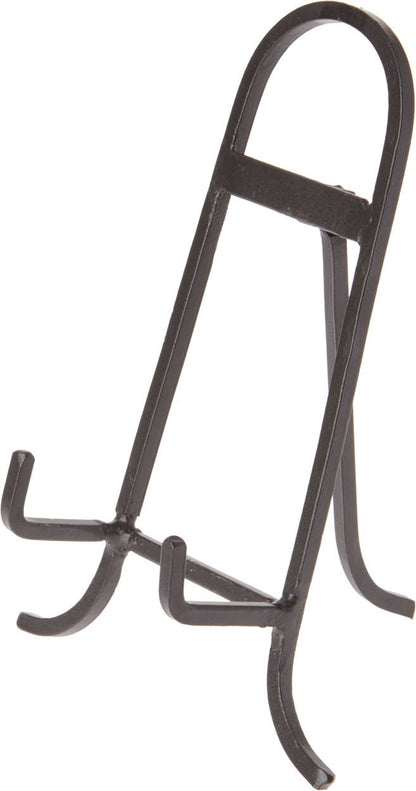 Black wrought iron plate easel stand with curved legs and adjustable support bar