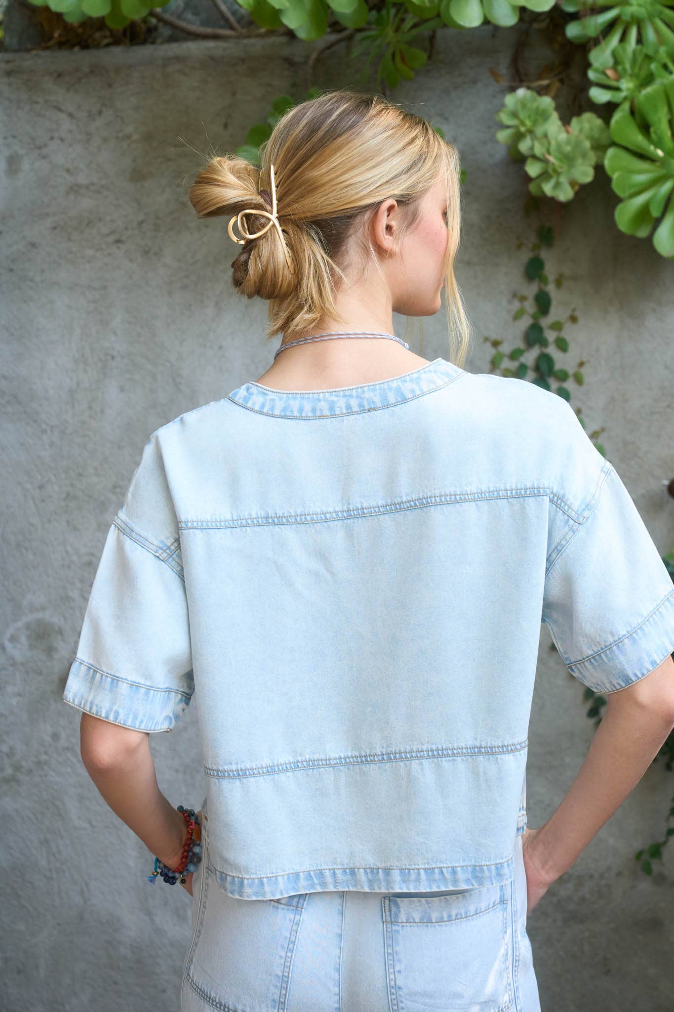 Washed Denim Split Neck Top