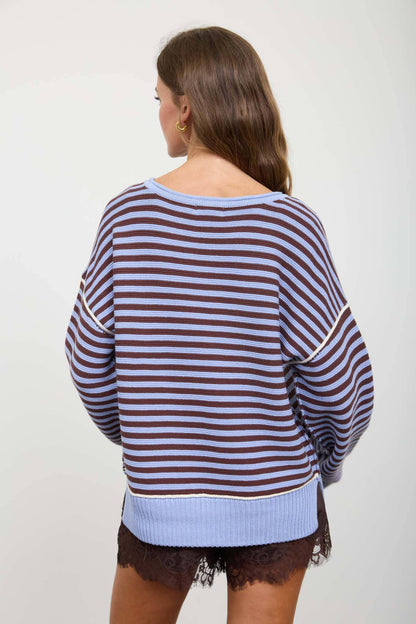 STRIPE CONTRAST STITCH RAW EDGE KNIT SWEATER