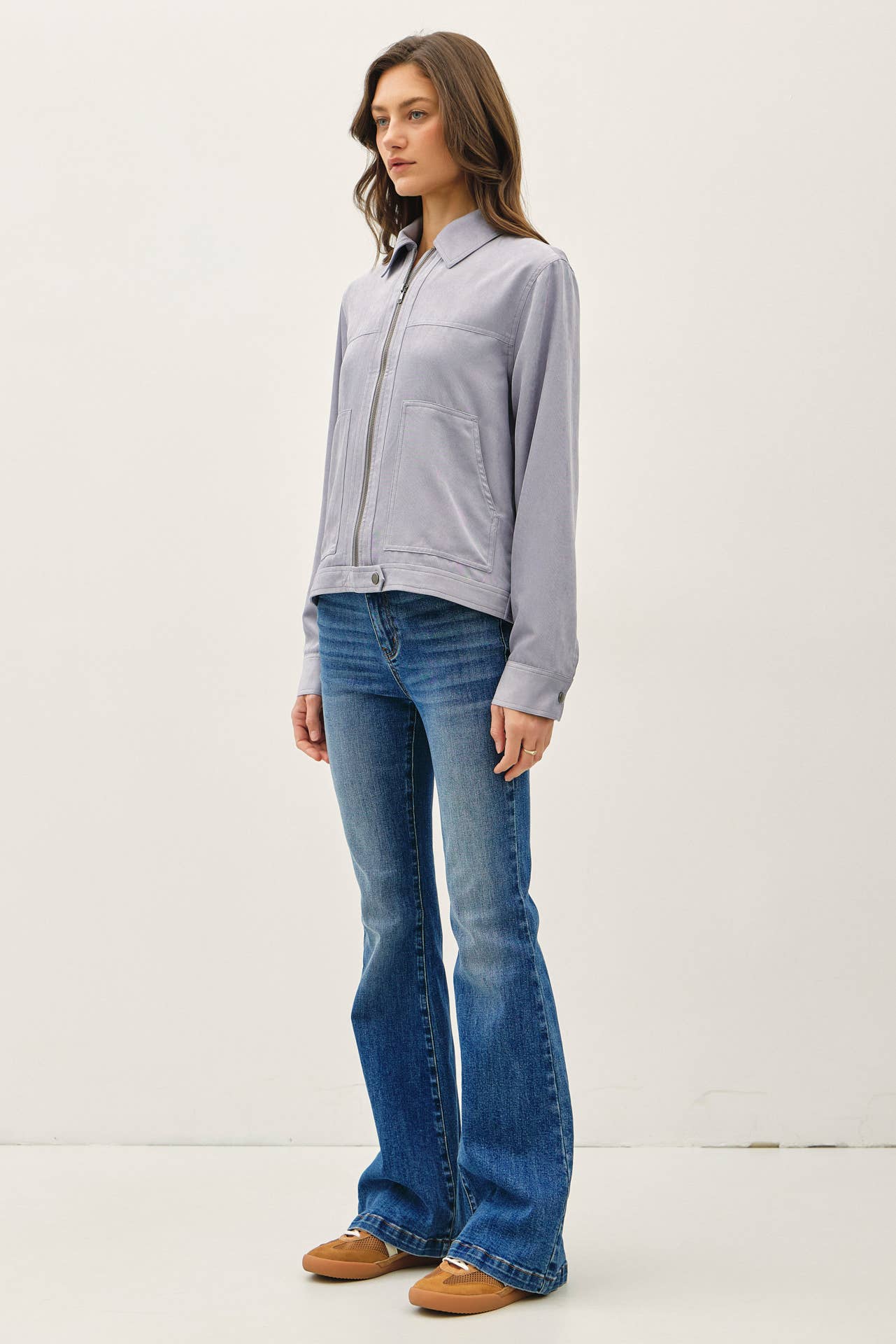 SUEDE FEEL COLLARED ZIP UP JACKETS