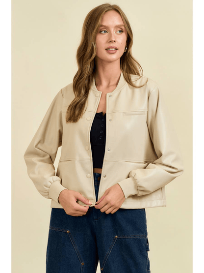Cream Faux Leather Front Snap Closure Oversized Jacket