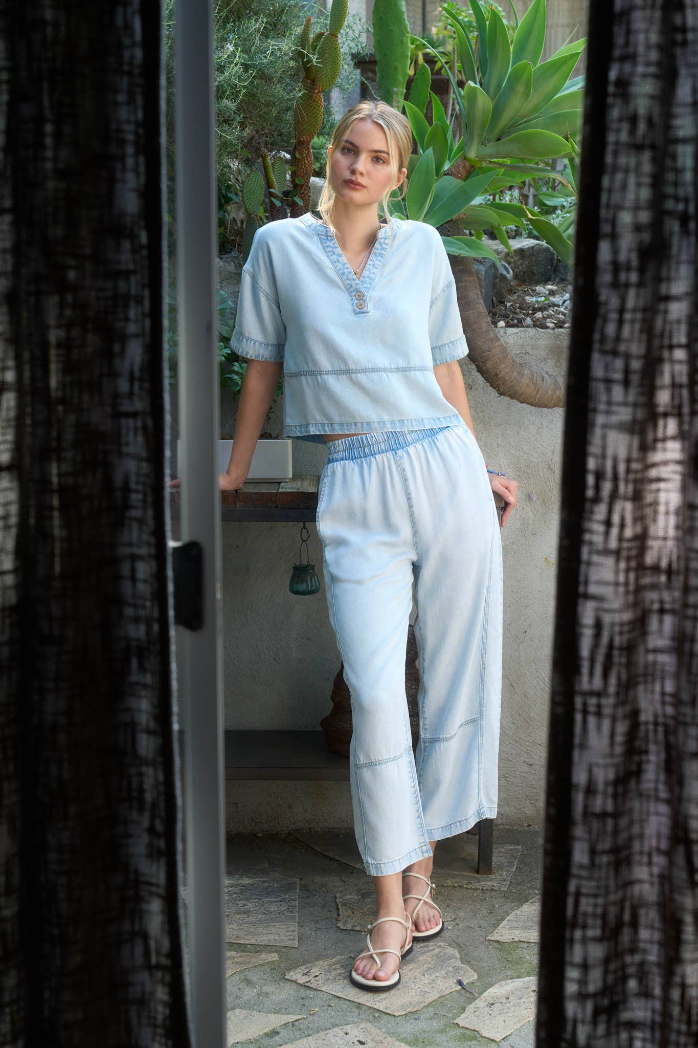 Washed Denim Split Neck Top