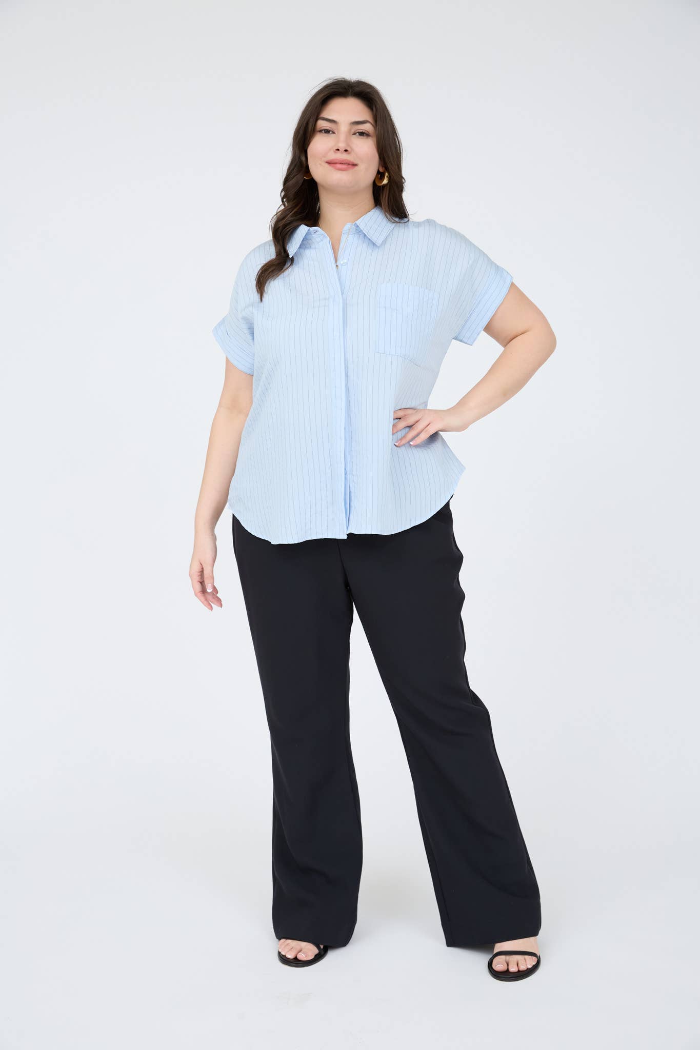 PLUS PINSTRIPE SHORT SLEEVE COLLARED SHIRT