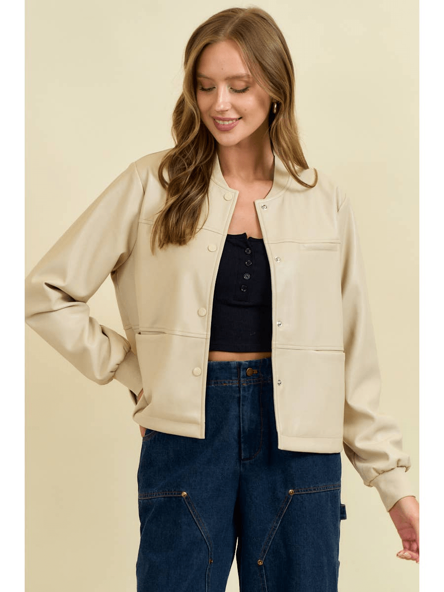 Cream Faux Leather Front Snap Closure Oversized Jacket