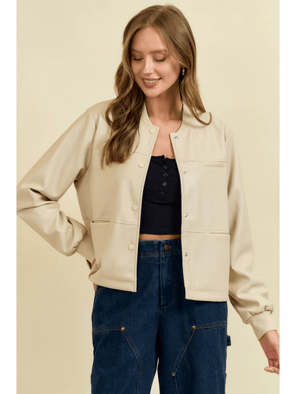 Cream Faux Leather Front Snap Closure Oversized Jacket