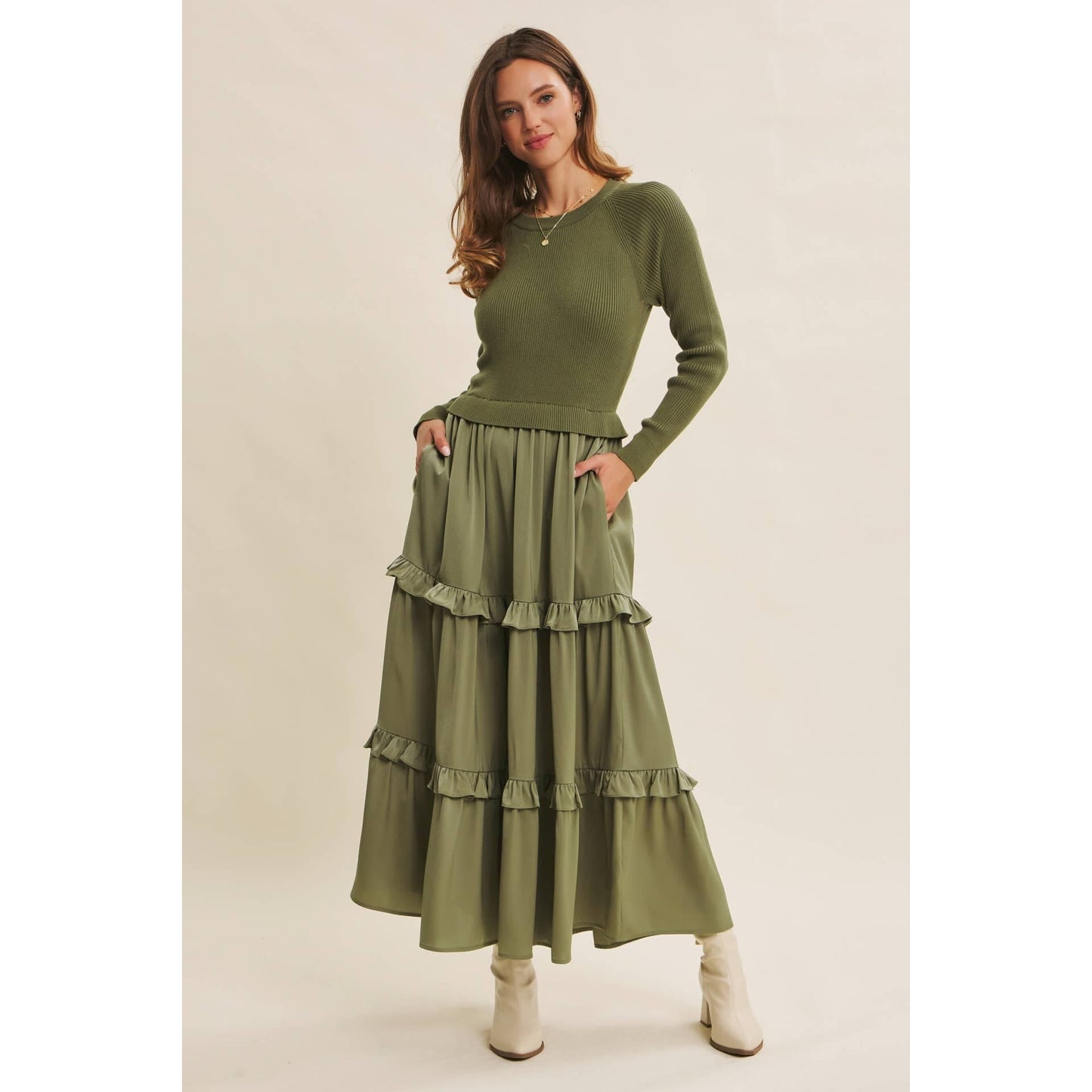 COMFORTABLE SWEATER AND SATIN TWOFER MAXI DRESS