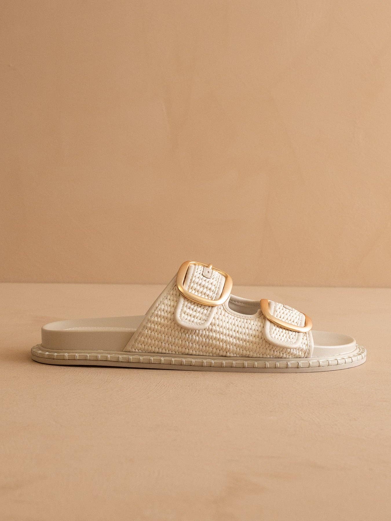 Daytona Slides | Ivory Two-Tone Raffia Gold Buckle Sandal