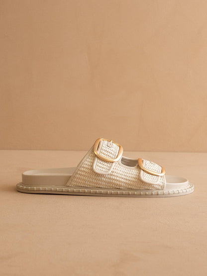 Daytona Slides | Ivory Two-Tone Raffia Gold Buckle Sandal