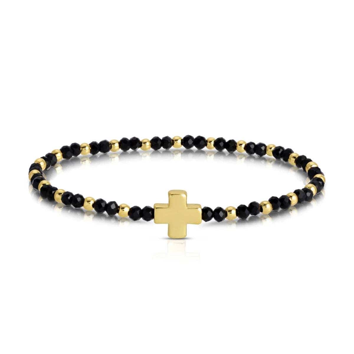 Black faceted crystal and gold bead stretch bracelet with gold cross charm