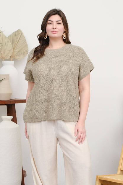 PLUS TEXTURED KNIT CREW NECK SHORT SLEEVE PULLOVER