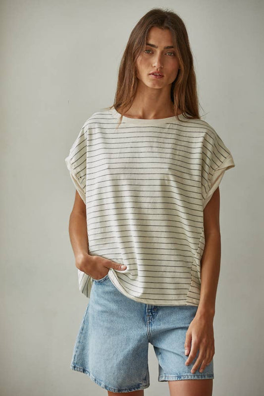 Knit Striped Jersey Round Neck Short Sleeve Top