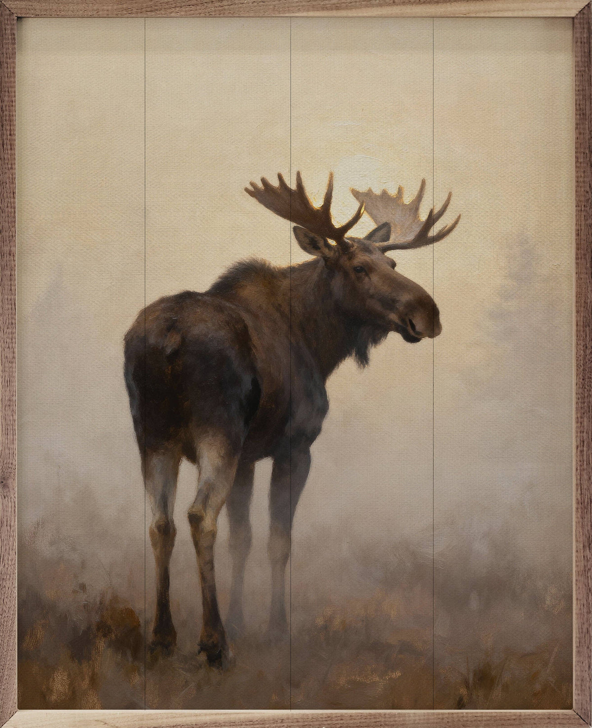Framed oil painting of a bull moose standing in misty fog on wood panels