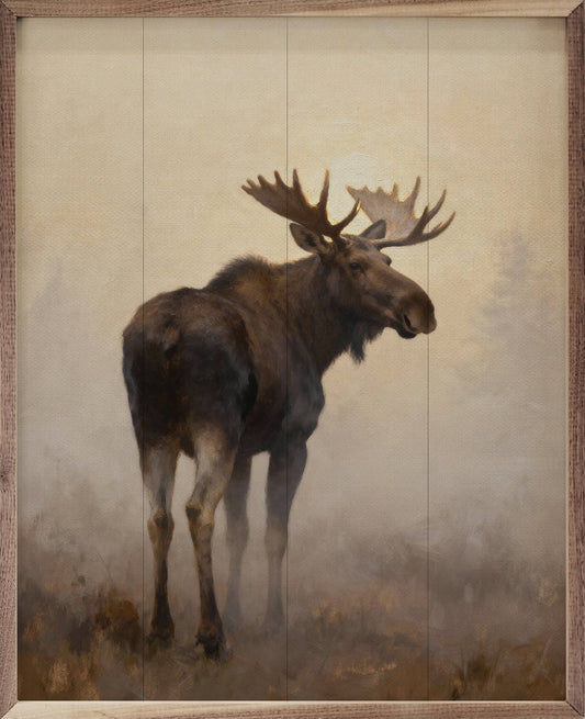 Framed oil painting of a bull moose standing in misty fog on wood panels