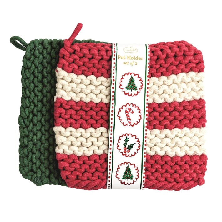Set of two knitted pot holders in red-cream stripes and solid green, Christmas-themed packaging
