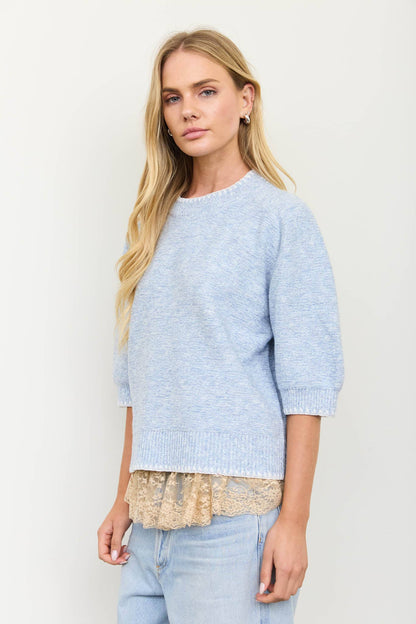 HEATHERED CONTRAST TRIM SHORT SLEEVE KNIT SWEATER