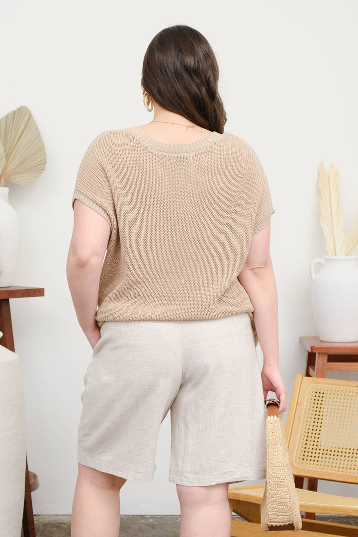 PLUS CREW NECK SHORT SLEEVE CROCHET KNIT PULLOVER